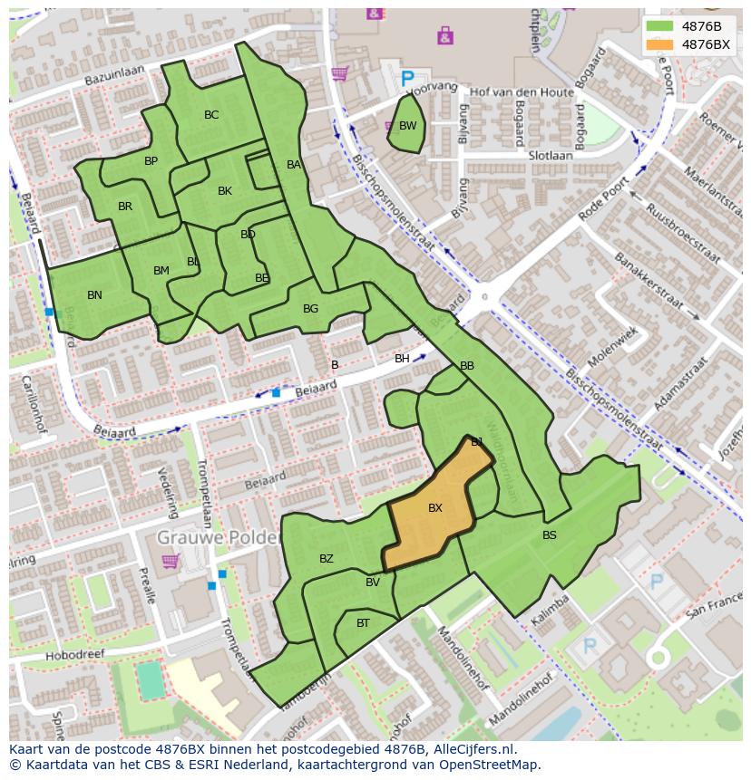 Afbeelding van het postcodegebied 4876 BX op de kaart.