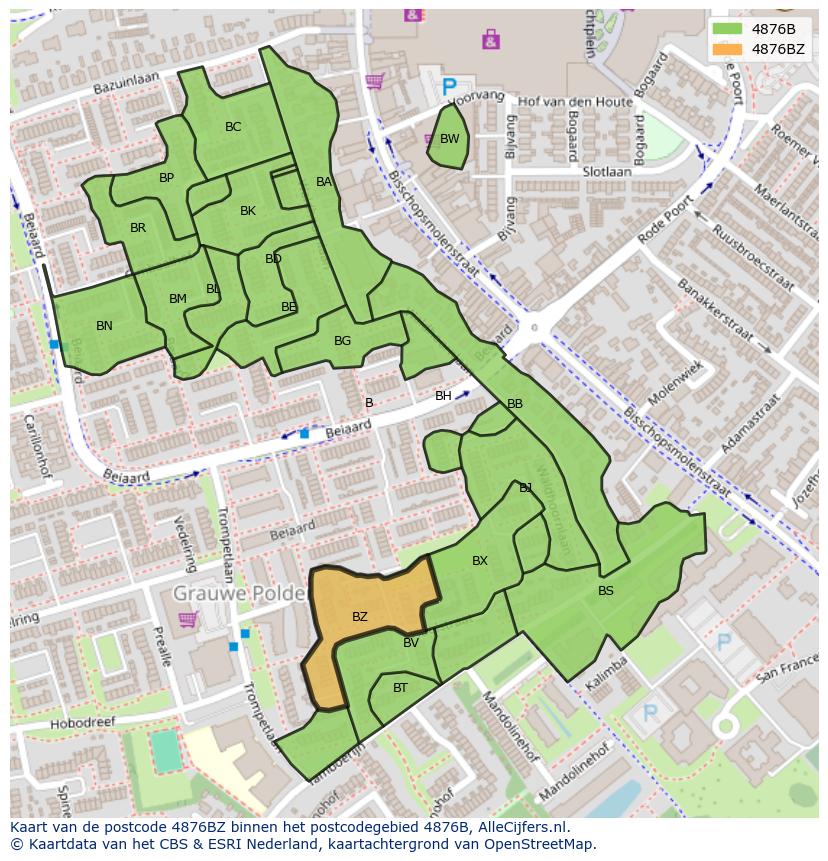 Afbeelding van het postcodegebied 4876 BZ op de kaart.