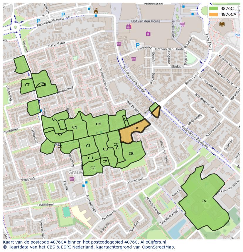 Afbeelding van het postcodegebied 4876 CA op de kaart.
