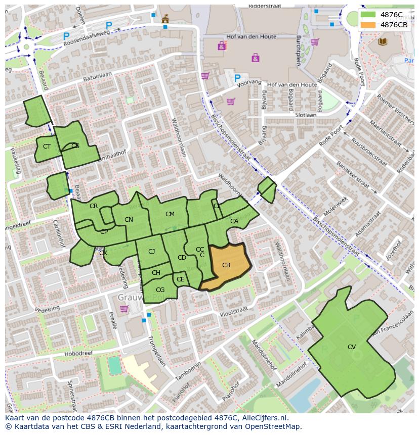 Afbeelding van het postcodegebied 4876 CB op de kaart.