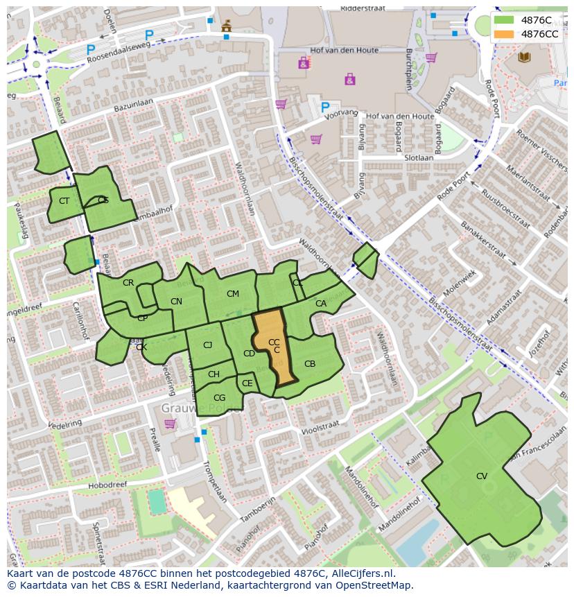 Afbeelding van het postcodegebied 4876 CC op de kaart.