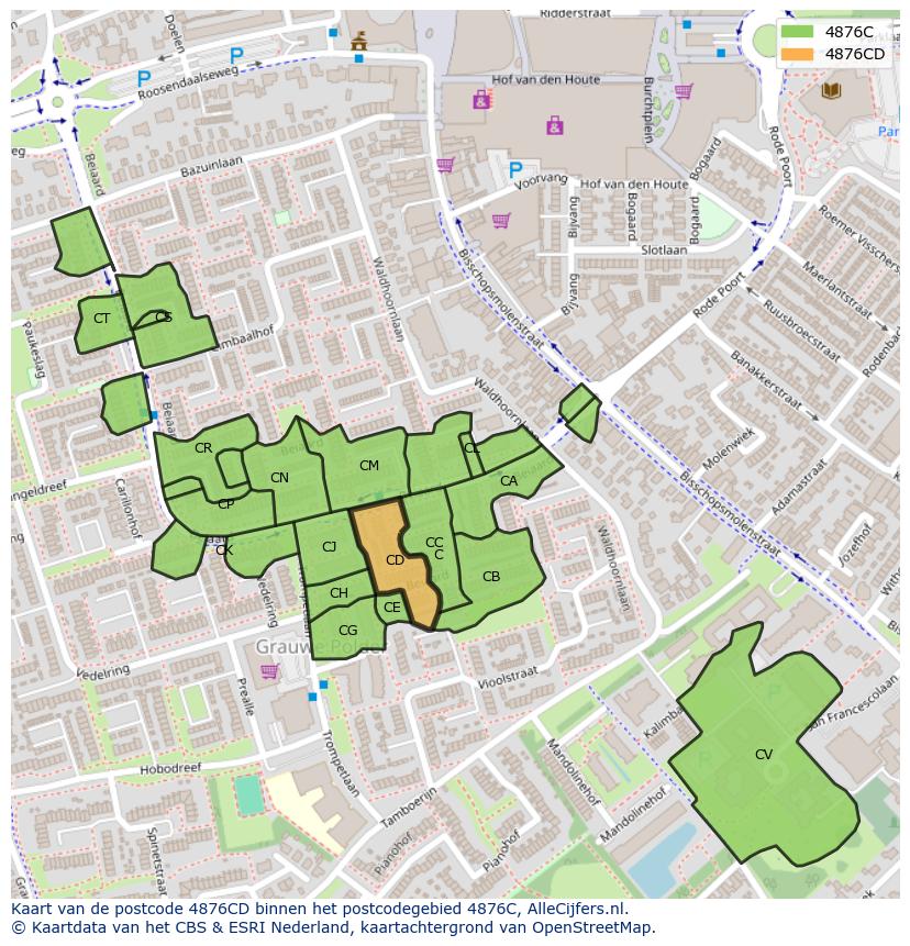 Afbeelding van het postcodegebied 4876 CD op de kaart.