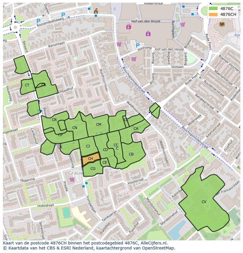 Afbeelding van het postcodegebied 4876 CH op de kaart.
