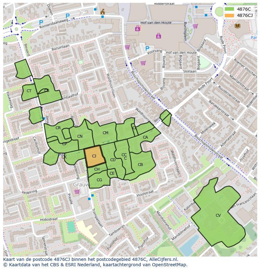 Afbeelding van het postcodegebied 4876 CJ op de kaart.