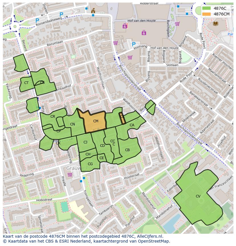 Afbeelding van het postcodegebied 4876 CM op de kaart.