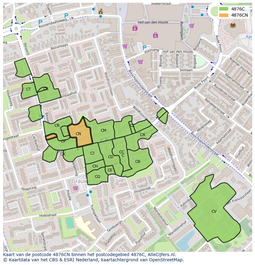 Afbeelding van het postcodegebied 4876 CN op de kaart.