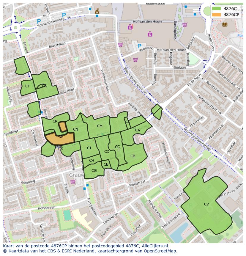 Afbeelding van het postcodegebied 4876 CP op de kaart.