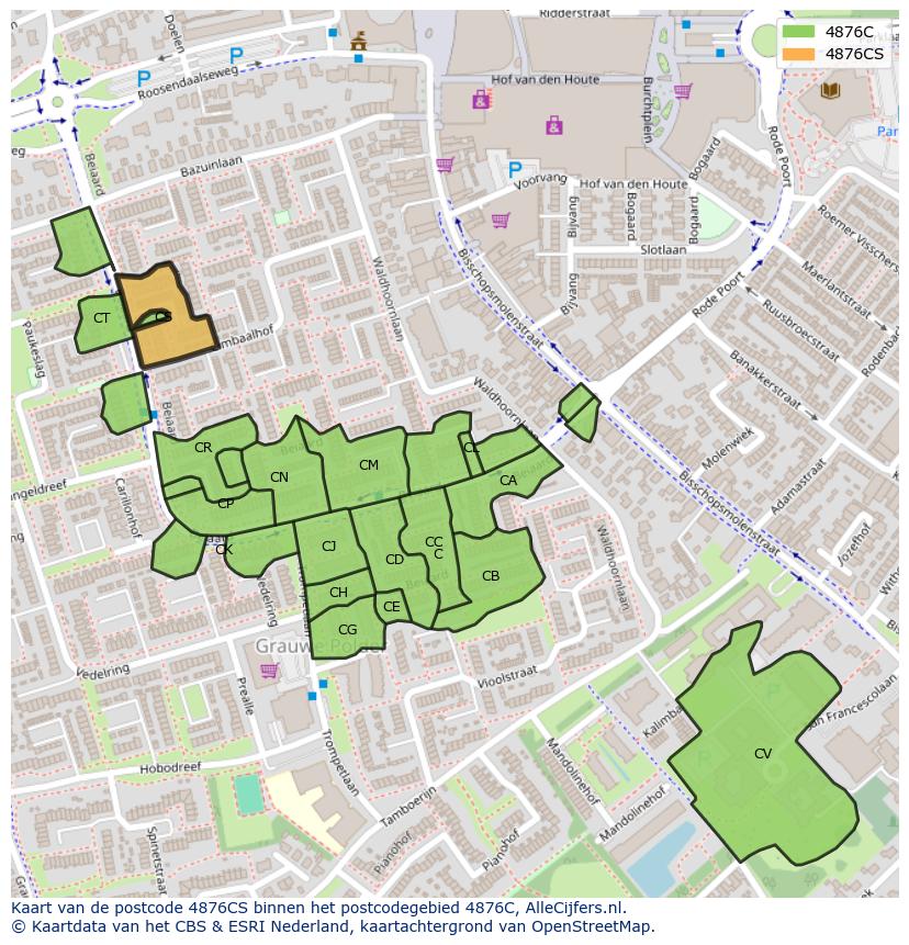 Afbeelding van het postcodegebied 4876 CS op de kaart.