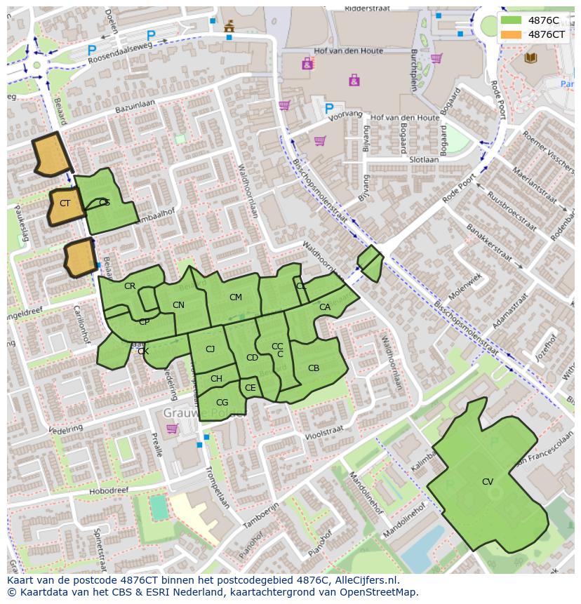 Afbeelding van het postcodegebied 4876 CT op de kaart.