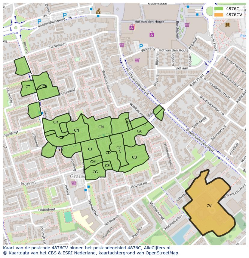 Afbeelding van het postcodegebied 4876 CV op de kaart.