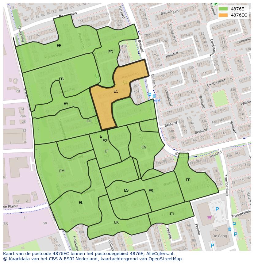 Afbeelding van het postcodegebied 4876 EC op de kaart.