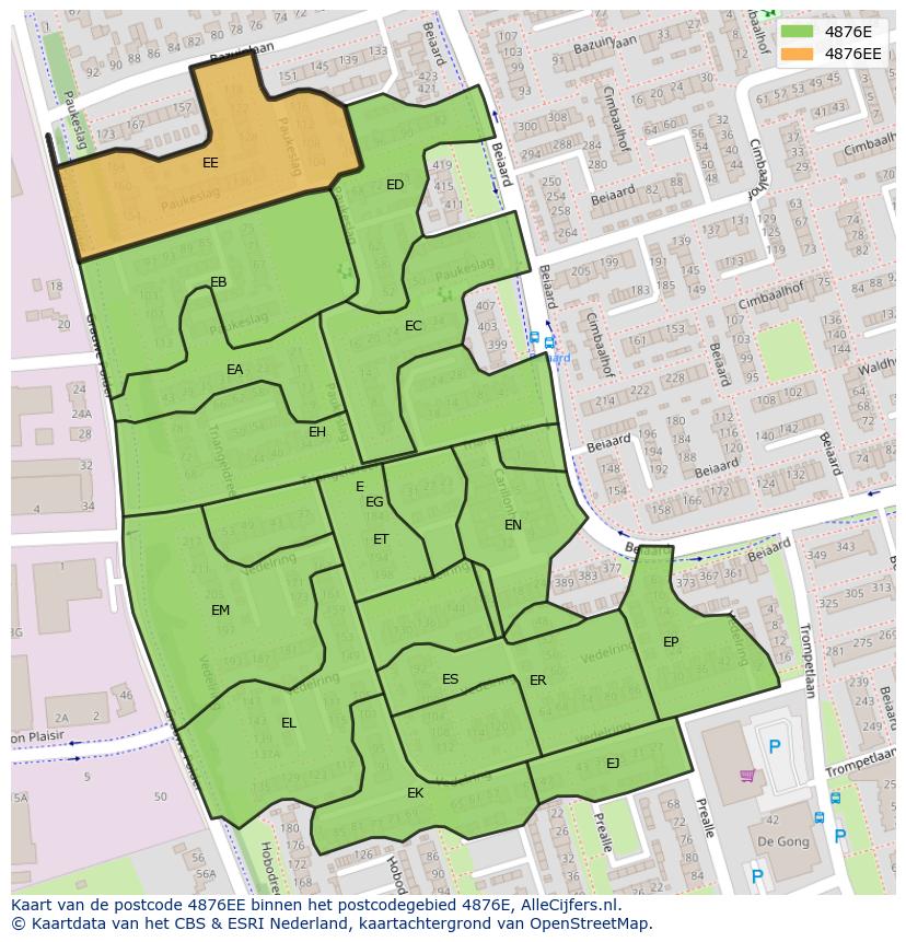 Afbeelding van het postcodegebied 4876 EE op de kaart.