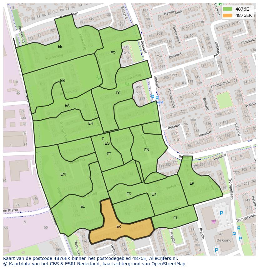 Afbeelding van het postcodegebied 4876 EK op de kaart.