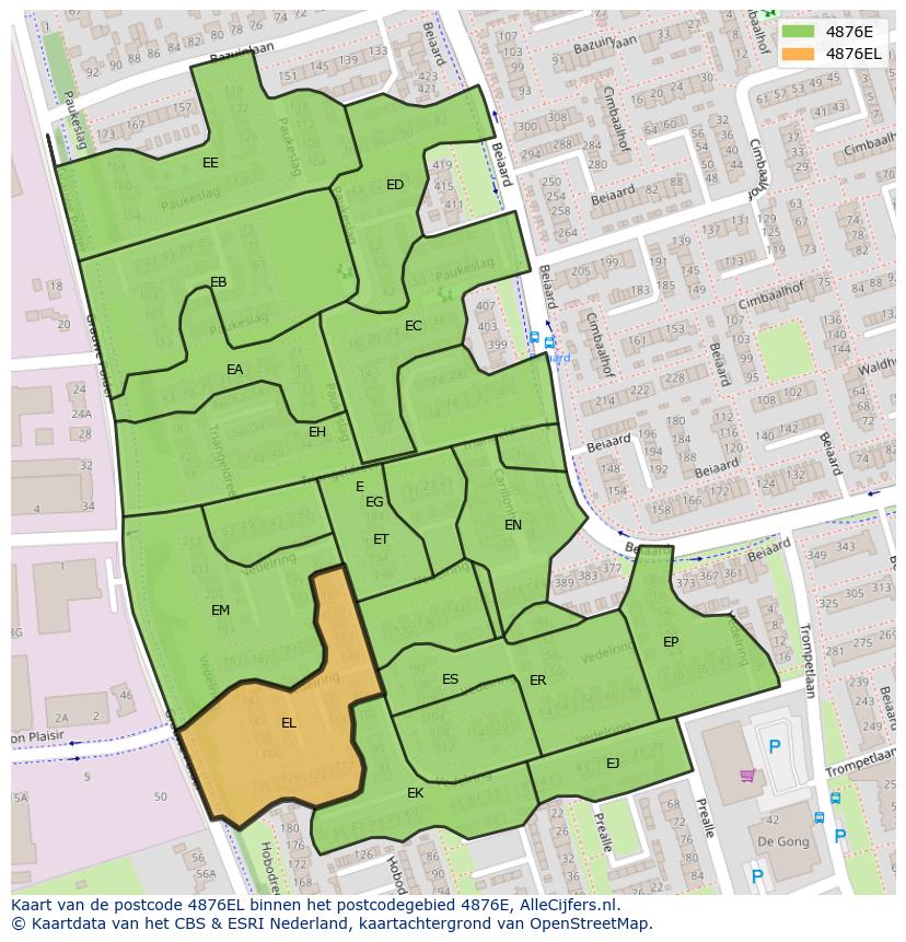 Afbeelding van het postcodegebied 4876 EL op de kaart.