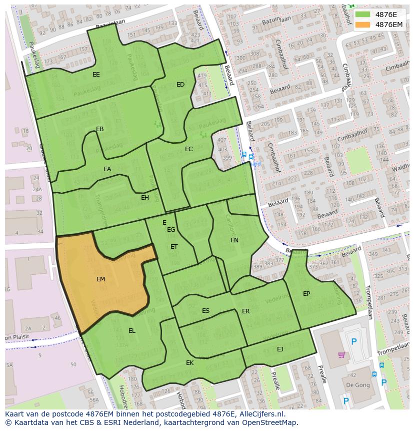 Afbeelding van het postcodegebied 4876 EM op de kaart.
