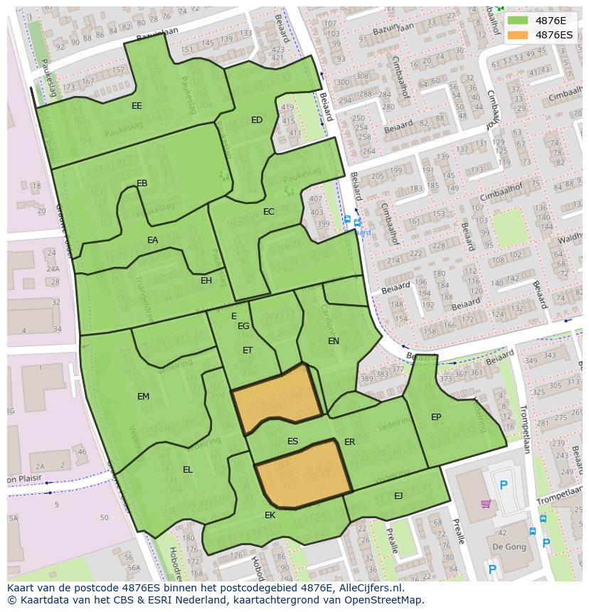 Afbeelding van het postcodegebied 4876 ES op de kaart.