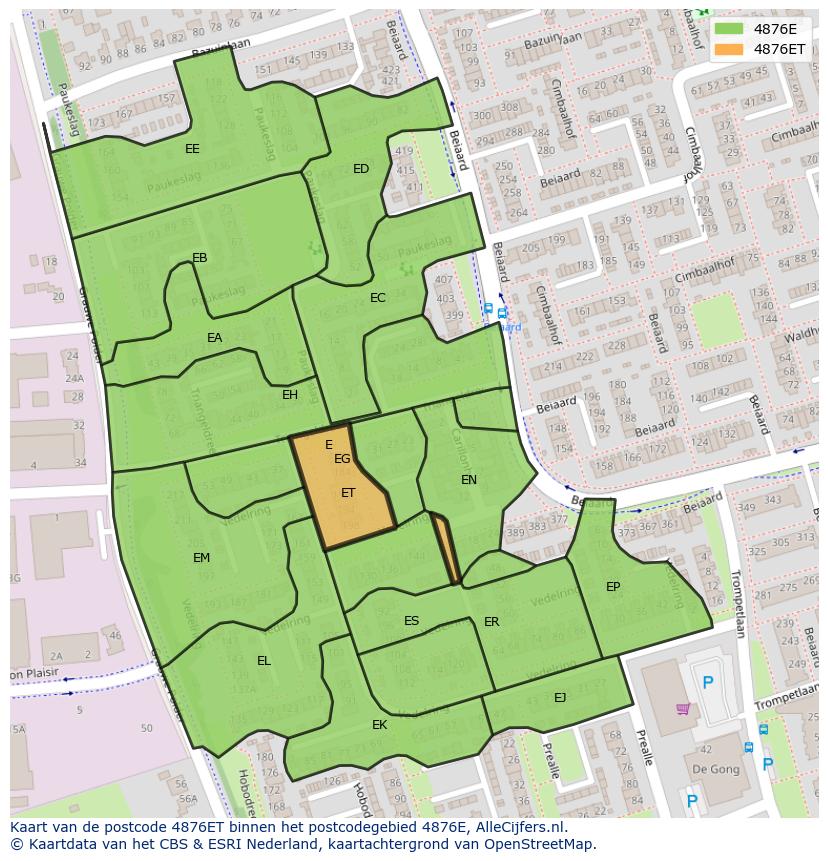 Afbeelding van het postcodegebied 4876 ET op de kaart.