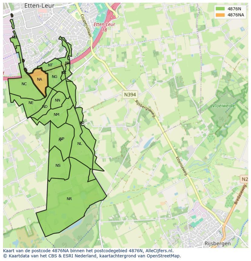 Afbeelding van het postcodegebied 4876 NA op de kaart.