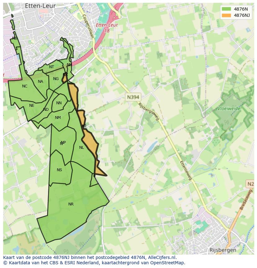 Afbeelding van het postcodegebied 4876 NJ op de kaart.