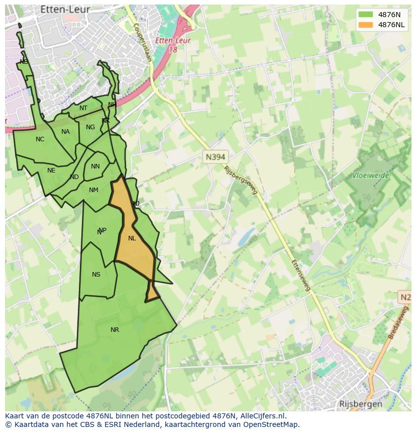 Afbeelding van het postcodegebied 4876 NL op de kaart.