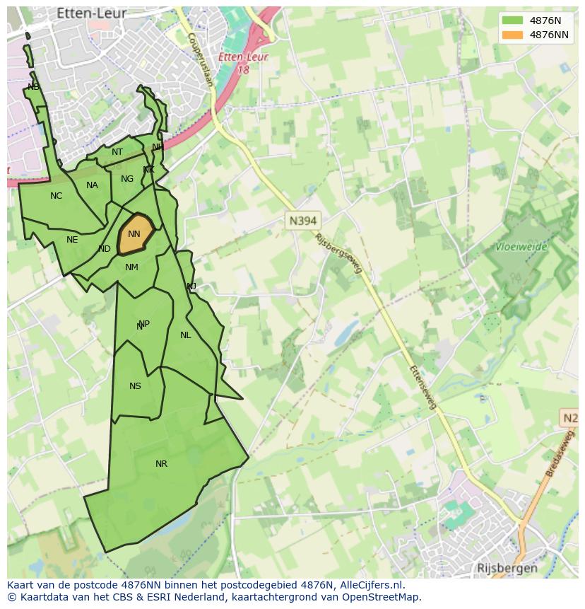 Afbeelding van het postcodegebied 4876 NN op de kaart.