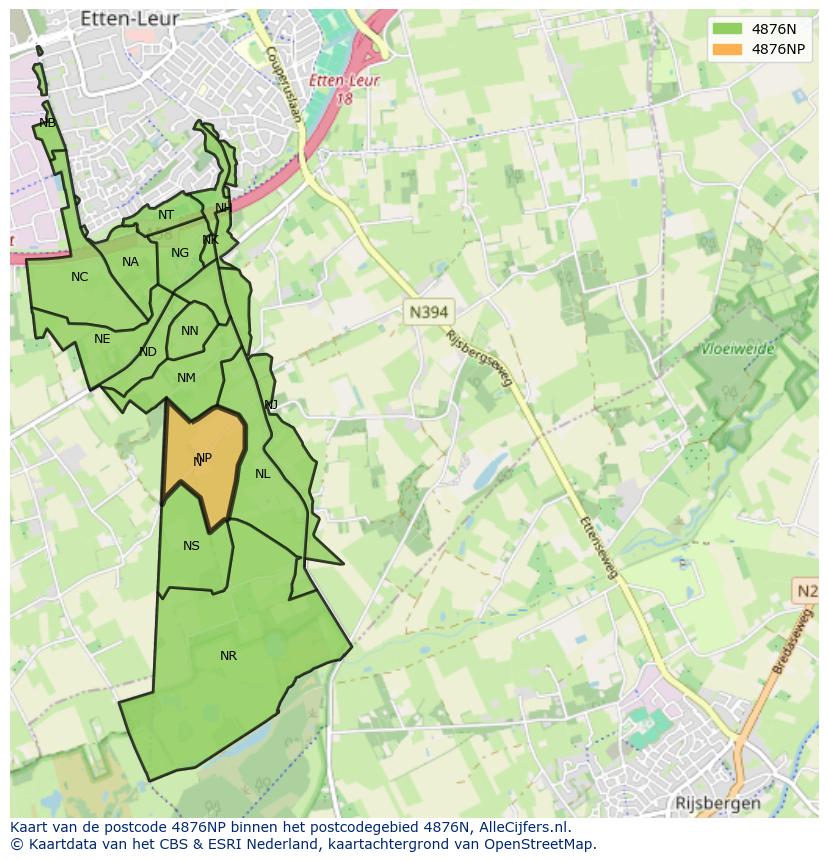 Afbeelding van het postcodegebied 4876 NP op de kaart.