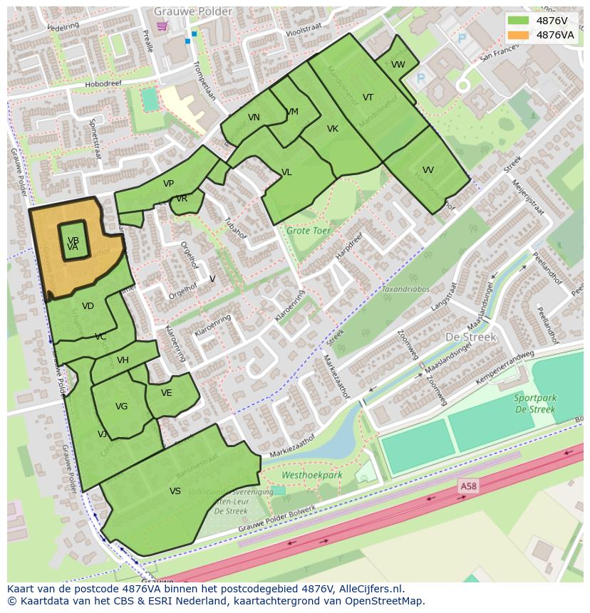 Afbeelding van het postcodegebied 4876 VA op de kaart.