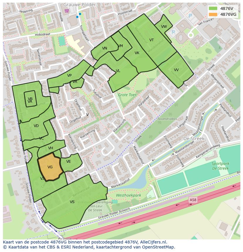 Afbeelding van het postcodegebied 4876 VG op de kaart.