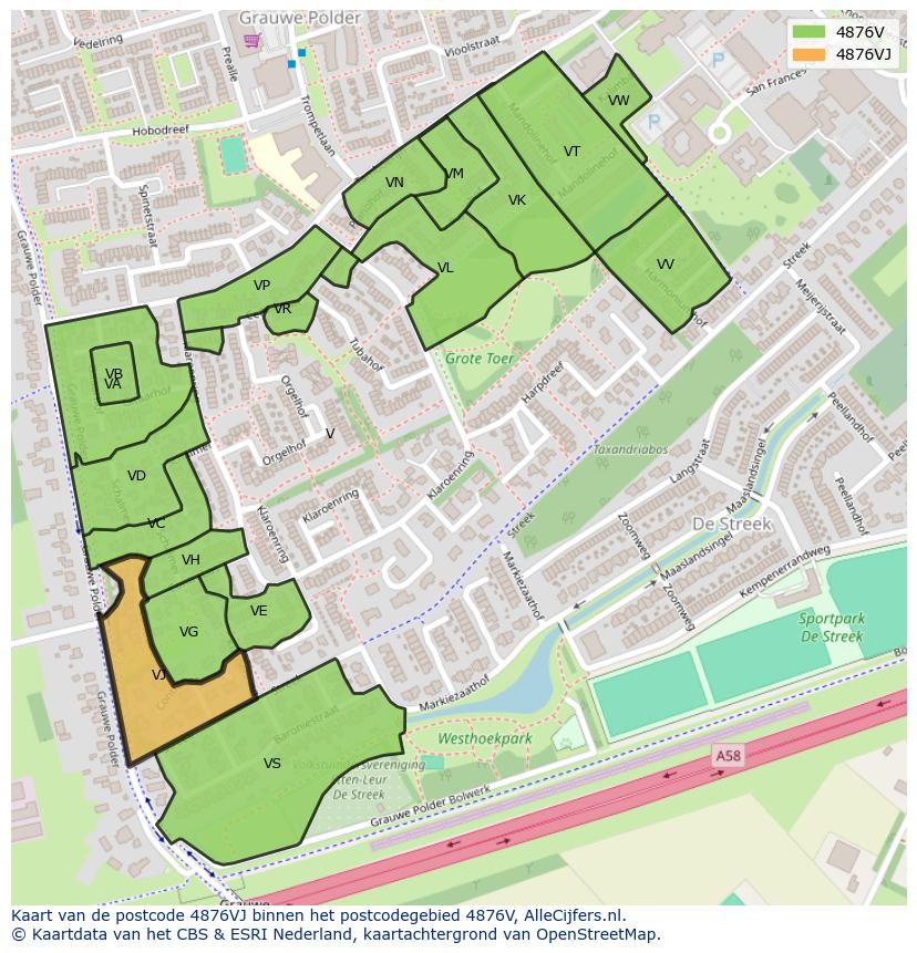 Afbeelding van het postcodegebied 4876 VJ op de kaart.