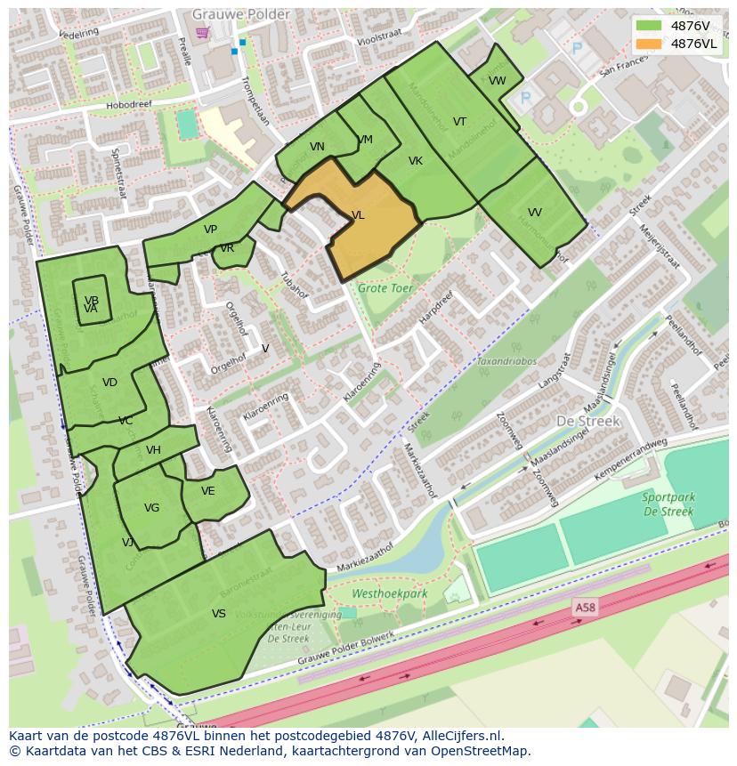 Afbeelding van het postcodegebied 4876 VL op de kaart.