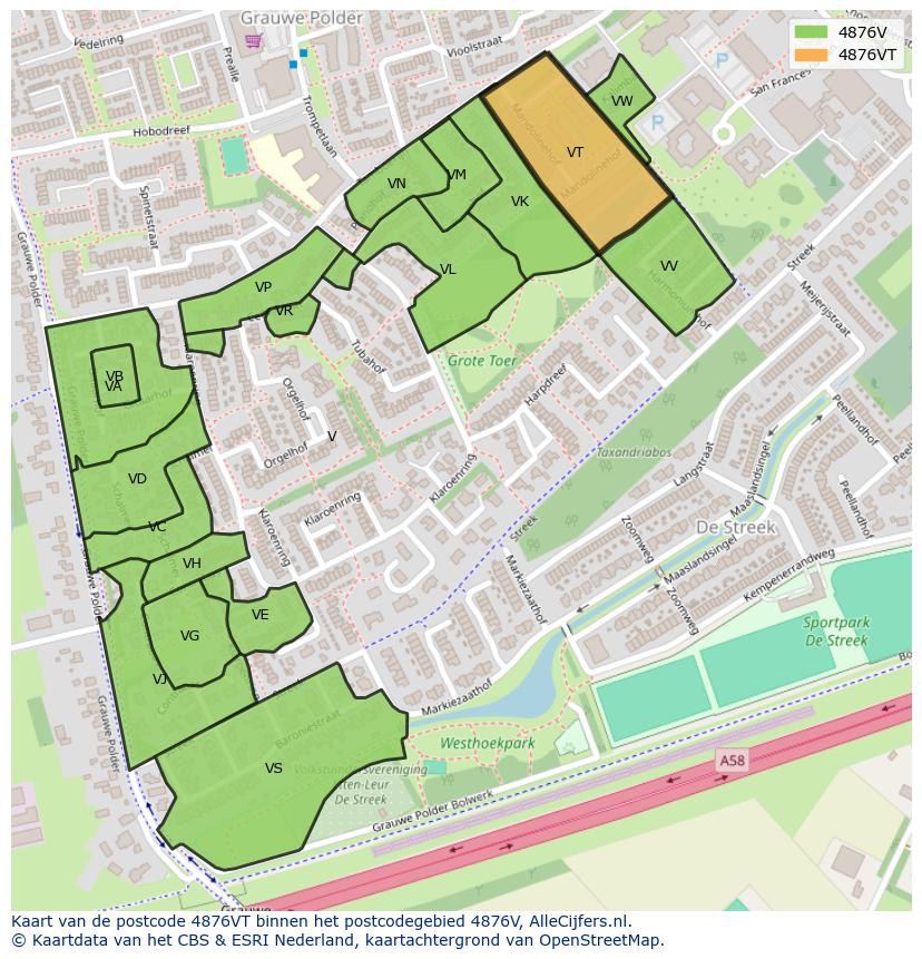 Afbeelding van het postcodegebied 4876 VT op de kaart.