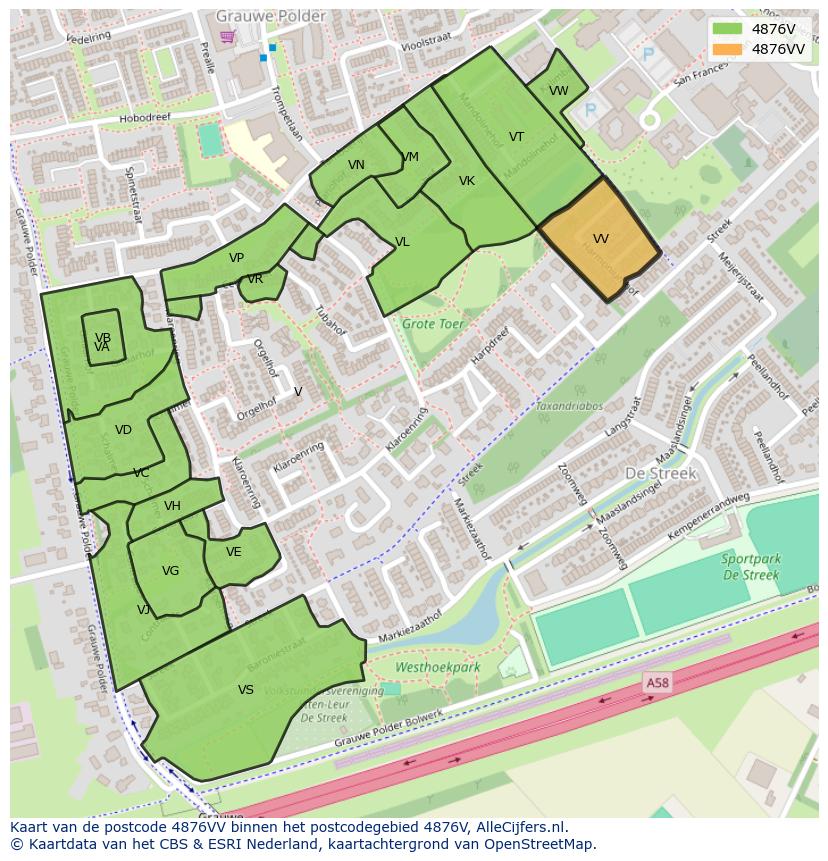 Afbeelding van het postcodegebied 4876 VV op de kaart.