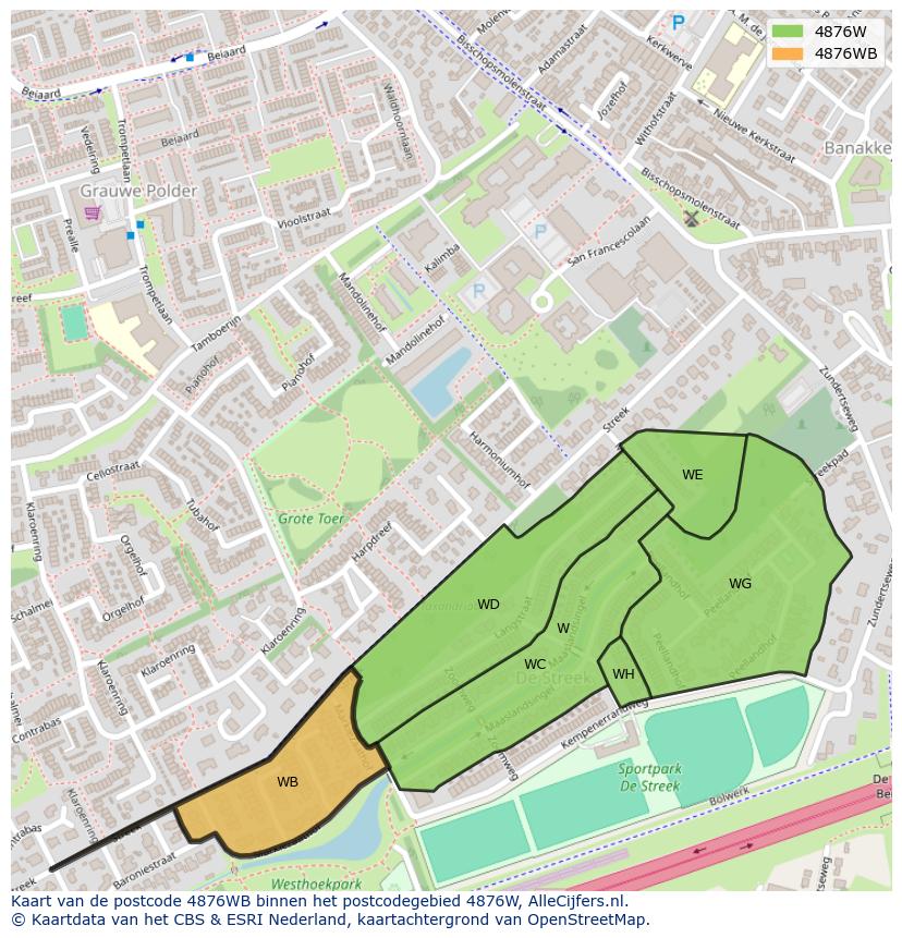 Afbeelding van het postcodegebied 4876 WB op de kaart.