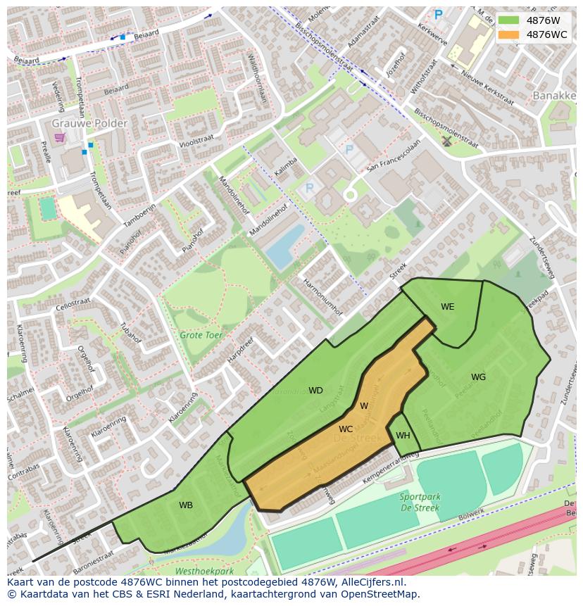 Afbeelding van het postcodegebied 4876 WC op de kaart.
