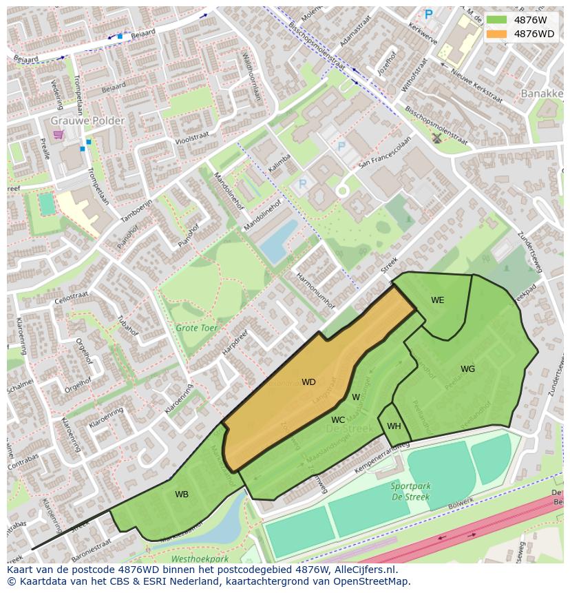 Afbeelding van het postcodegebied 4876 WD op de kaart.