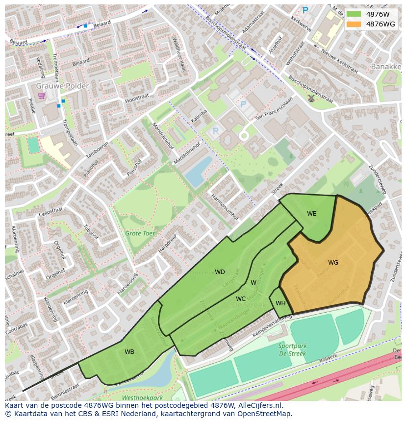 Afbeelding van het postcodegebied 4876 WG op de kaart.