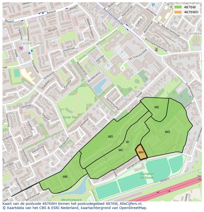 Afbeelding van het postcodegebied 4876 WH op de kaart.