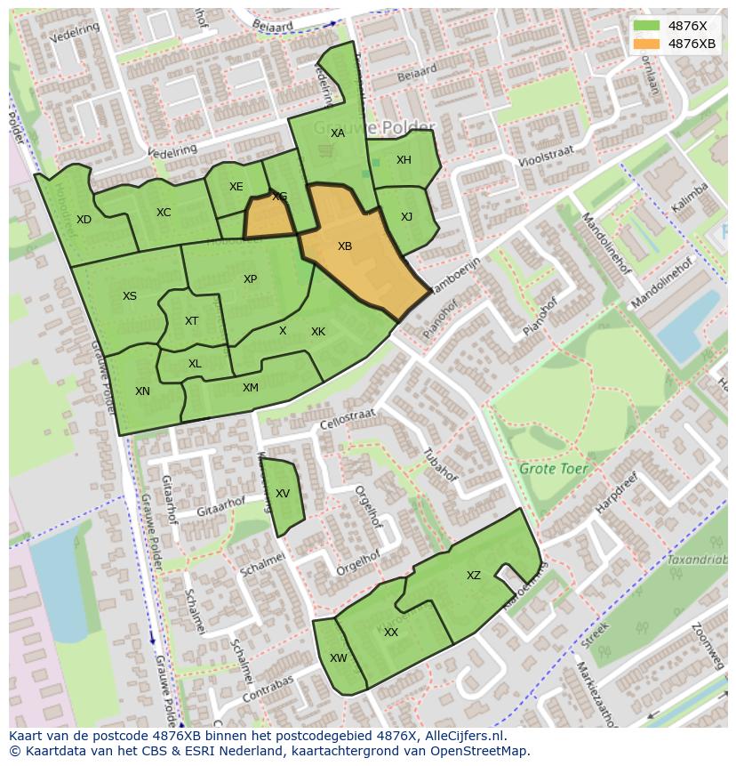 Afbeelding van het postcodegebied 4876 XB op de kaart.