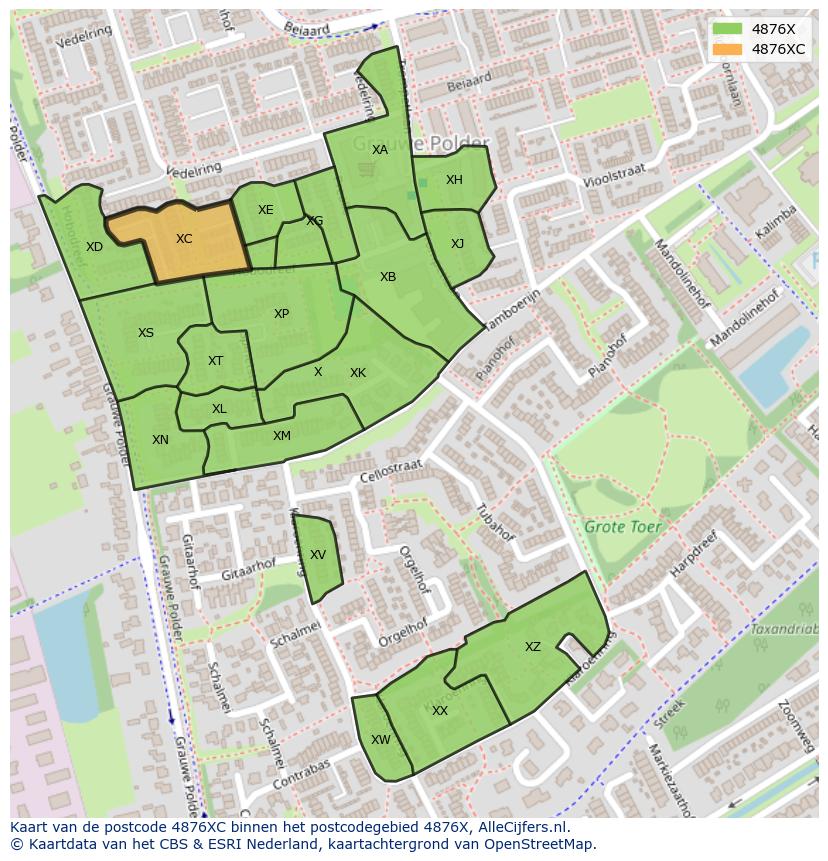 Afbeelding van het postcodegebied 4876 XC op de kaart.