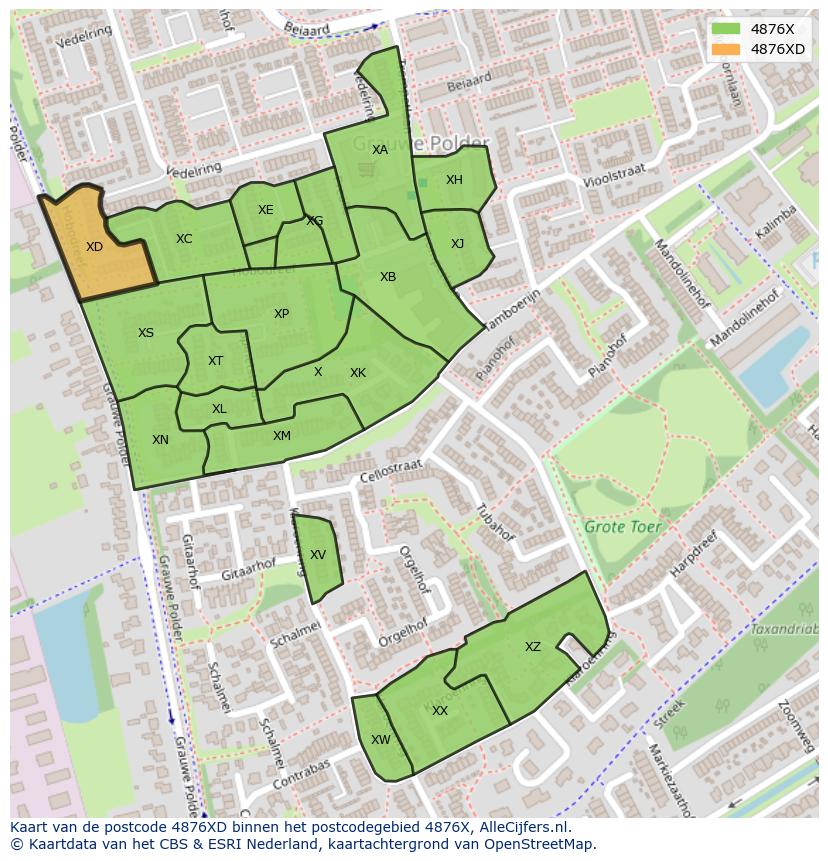 Afbeelding van het postcodegebied 4876 XD op de kaart.