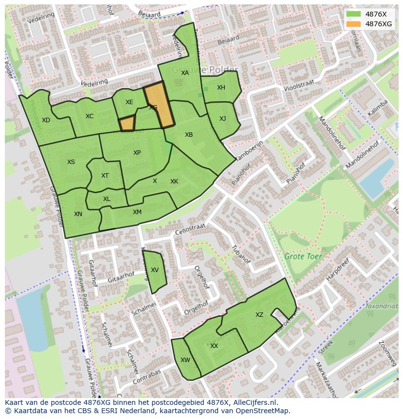 Afbeelding van het postcodegebied 4876 XG op de kaart.