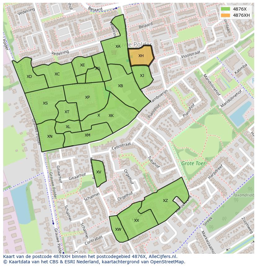 Afbeelding van het postcodegebied 4876 XH op de kaart.