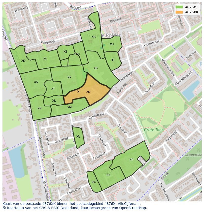 Afbeelding van het postcodegebied 4876 XK op de kaart.