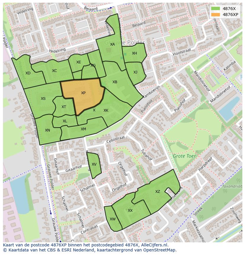 Afbeelding van het postcodegebied 4876 XP op de kaart.