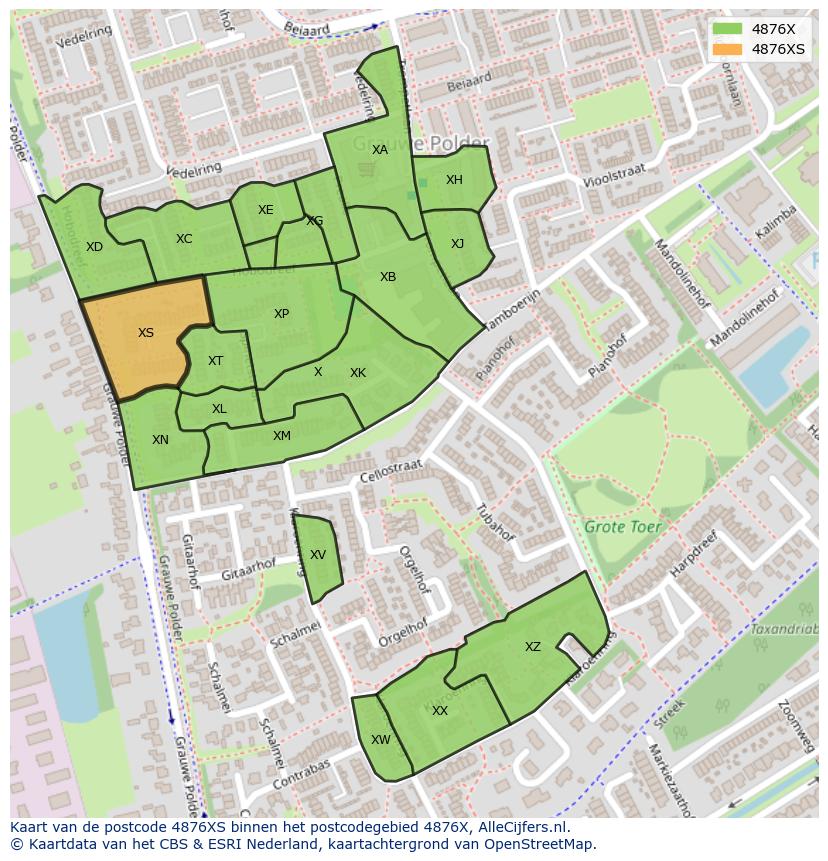 Afbeelding van het postcodegebied 4876 XS op de kaart.