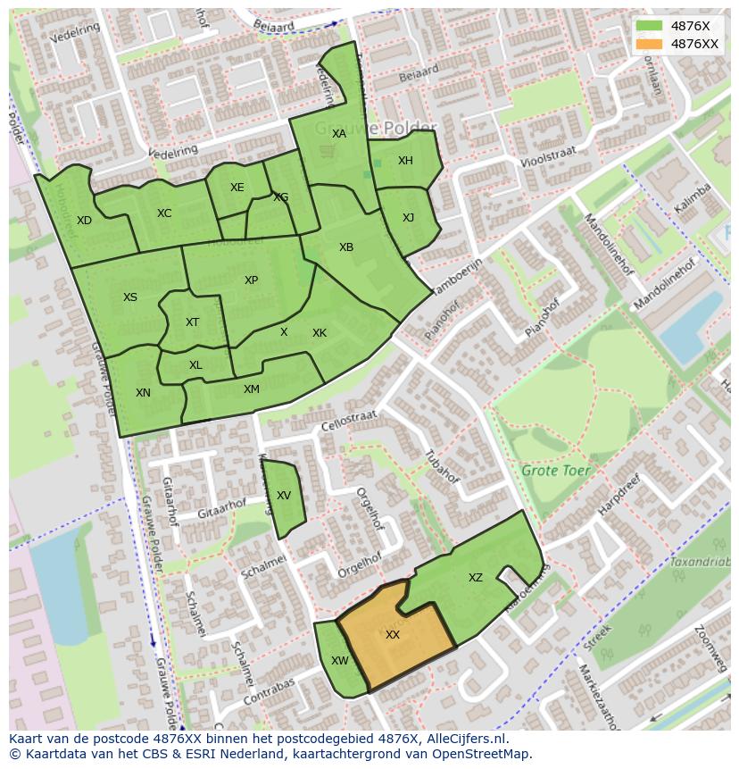 Afbeelding van het postcodegebied 4876 XX op de kaart.
