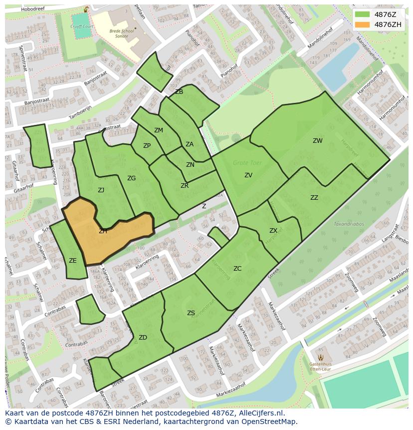 Afbeelding van het postcodegebied 4876 ZH op de kaart.