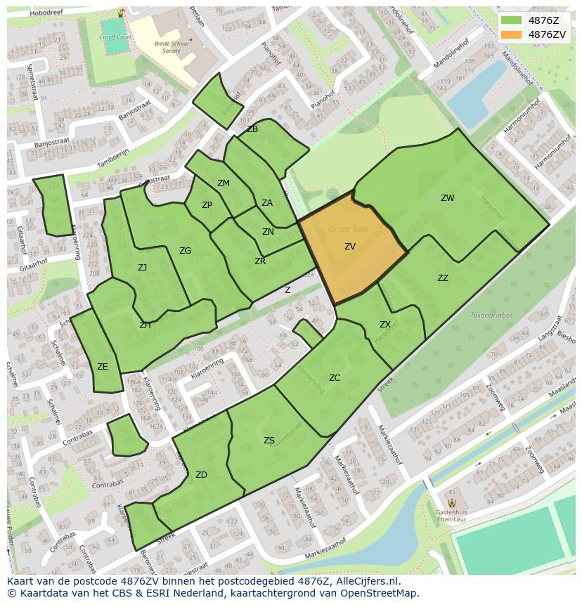 Afbeelding van het postcodegebied 4876 ZV op de kaart.