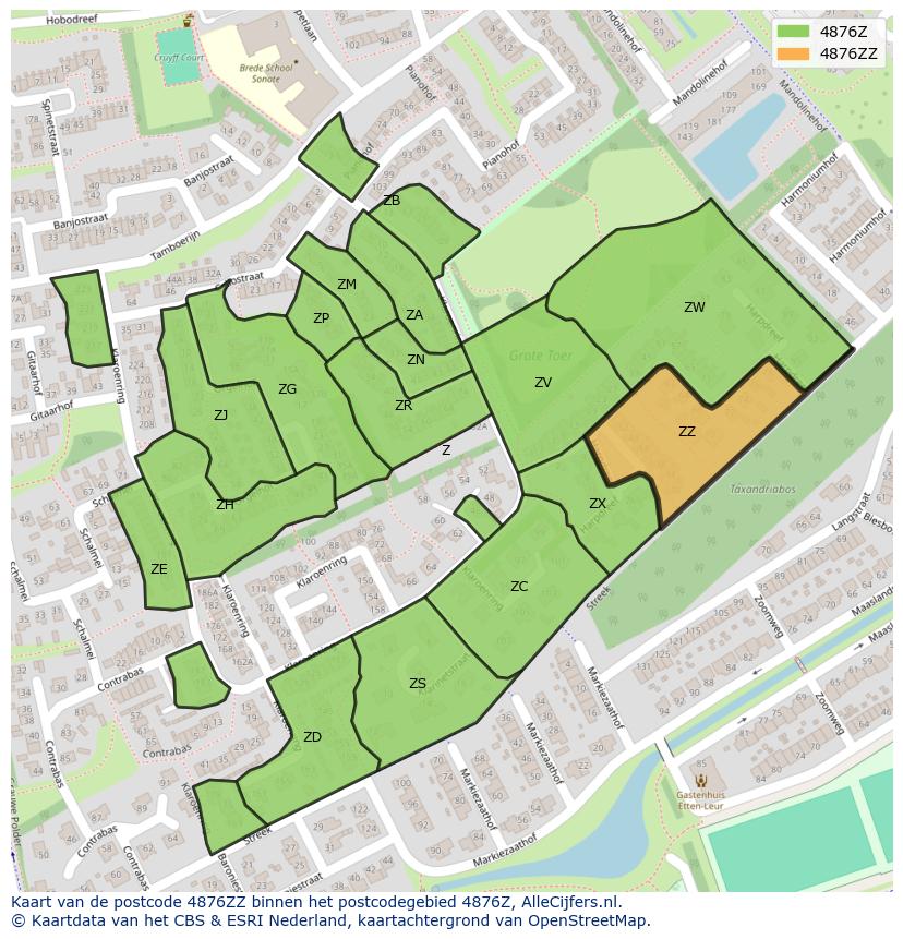 Afbeelding van het postcodegebied 4876 ZZ op de kaart.