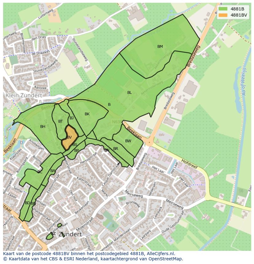 Afbeelding van het postcodegebied 4881 BV op de kaart.